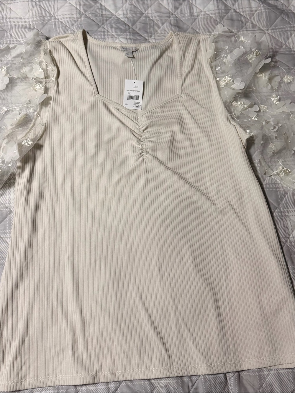 Women’s Cream Ribbed Top with see through Floral Organza Sleeves